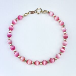 New Women's Sterling Silver 925 Pink Synthetic Cat's Eye Beaded Bracelet 7.25"